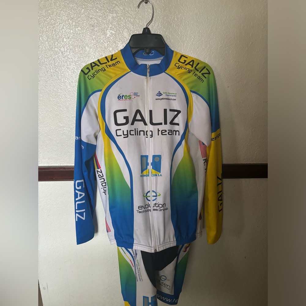 Galiz Cycling Team Bodysuit – White with Yellow, Green & Blue Detailing (Size M)